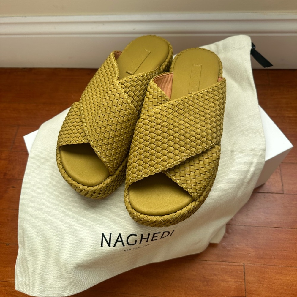 Naghedi Olive Woven Slide Sandals